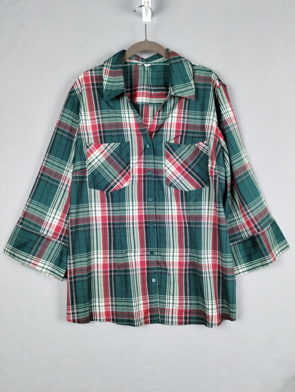 Cato Plaid Dress Shirt Button Down 3/4 Sleeve Blouse Christmas Size 22 / 24 W